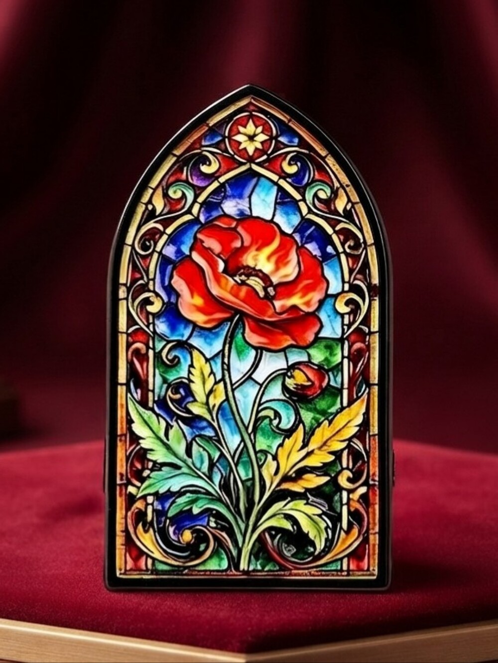 Gothic Arched Colorful Stained Glass Inspired Pin- Radiant Red Poppy Flower Art